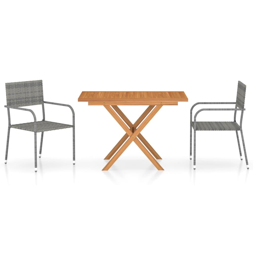 Vidaxl Patio Dining Set 3 Piece Garden Outdoor Balcony Backyard Terrace Dinner Dinette Seating Table Chair Set Poly Rattan & Solid Acacia Wood Gray